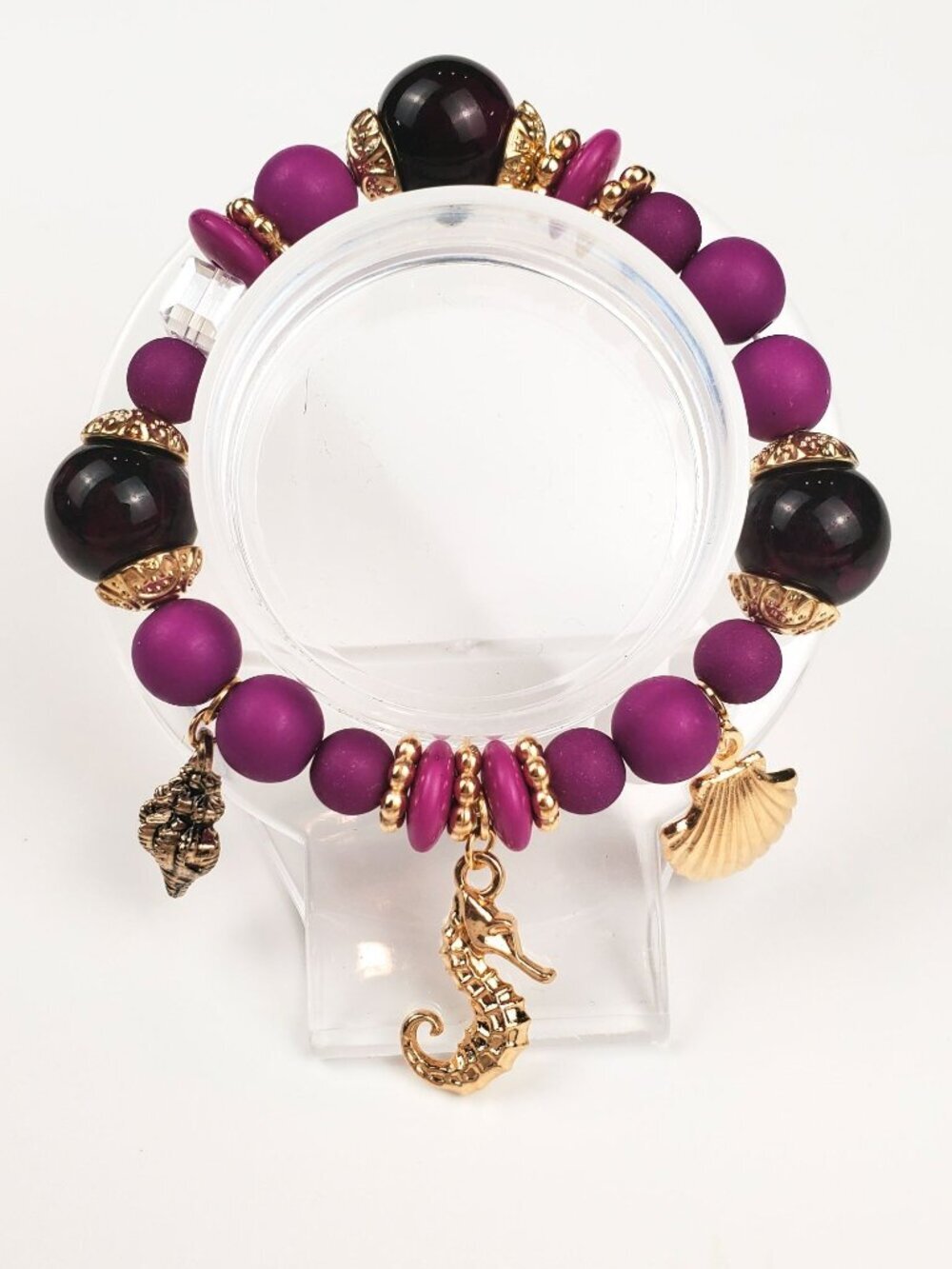Purple Ocean Charm Bracelet, Seahorse Shell Beaded Bracelet, Stretch Charm Brace